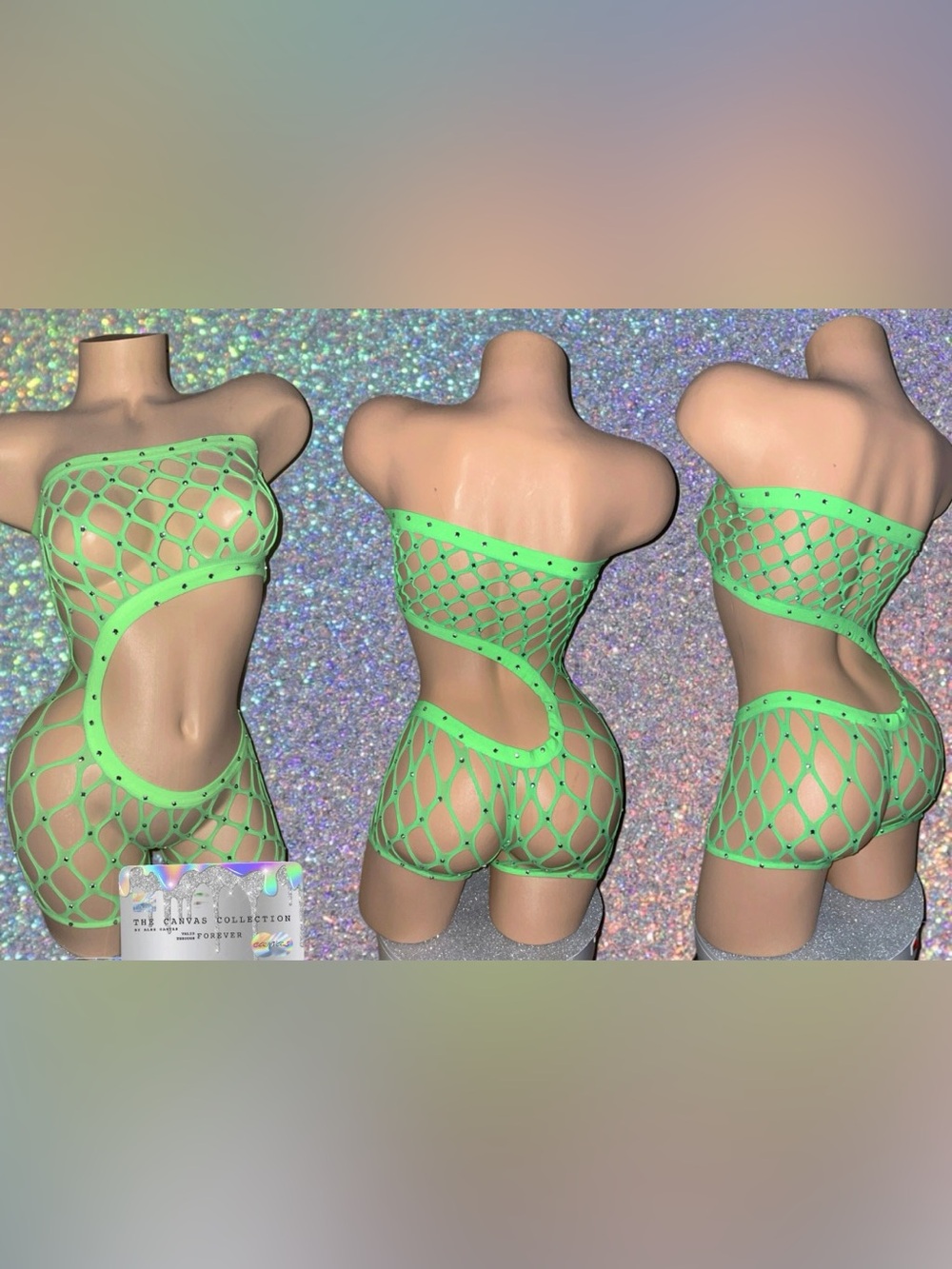 EXOTIC DANCEWEAR:Neon Green 1 Shoulder Fishnet romper with rhinestones & pasties